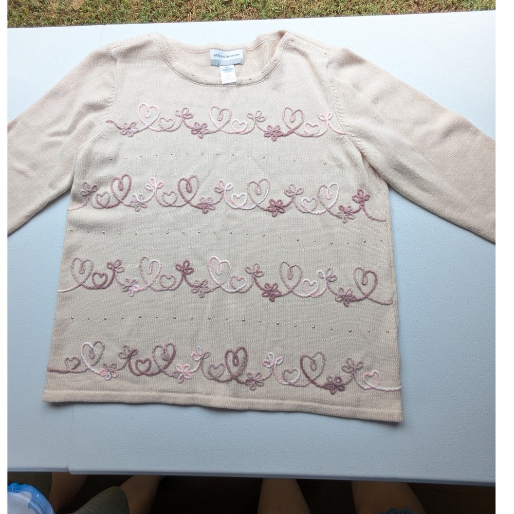Alfred Dunner Sweater Women PXL Tan New Embroidered Heart Studded Petite